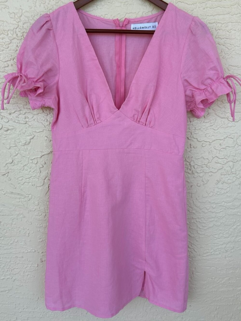 Hello Molly Pink Linen Blend Puff Sleeve Mini Dress Cottagecore Slit M - Picture 5 of 8
